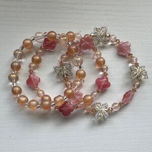Hand Beaded Artisan Crystal Bracelet Stack Pink Butterfly